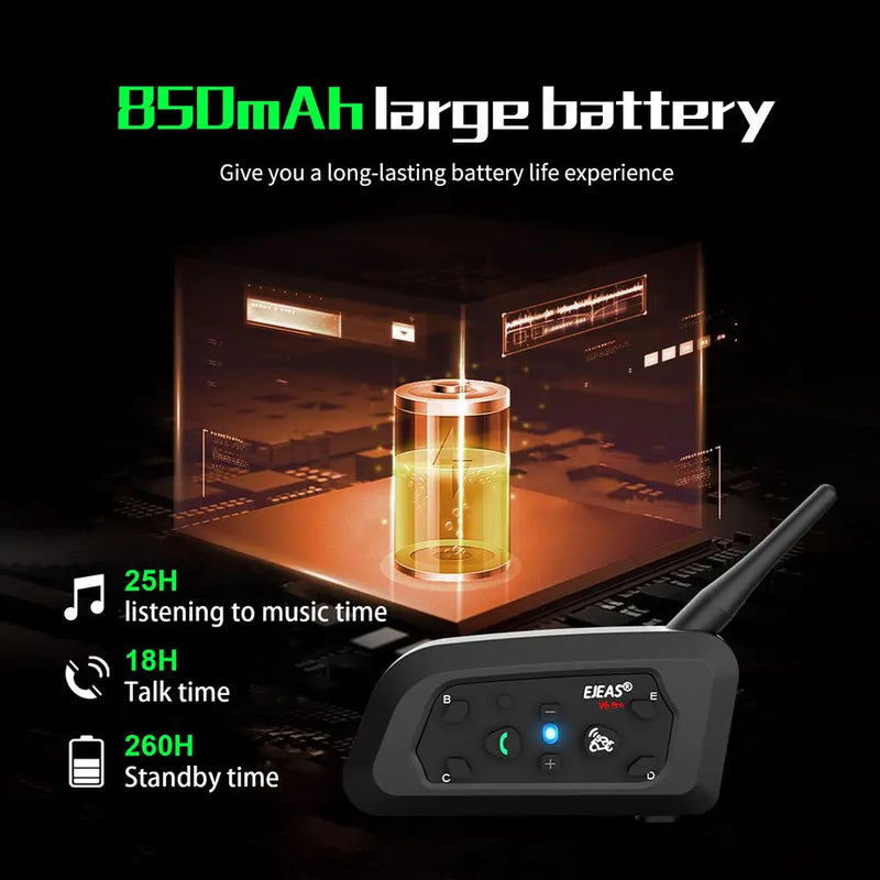 Headset Bluetooth - Intercomunicador de Capacete EJEAS V6 PRO+ – Bluetooth 5.1, À Prova d’Água, Alcance de 800m, para até 6 Pilotos