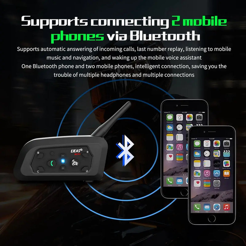 Headset Bluetooth - Intercomunicador de Capacete EJEAS V6 PRO+ – Bluetooth 5.1, À Prova d’Água, Alcance de 800m, para até 6 Pilotos